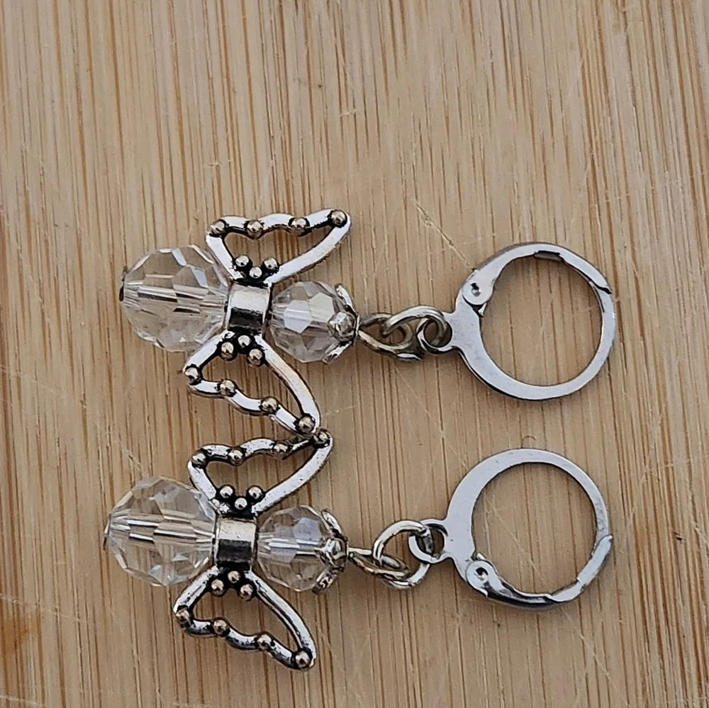 Hand Crafted Earrings Clear Crystal Angel Pierced with Silver Angel Wings